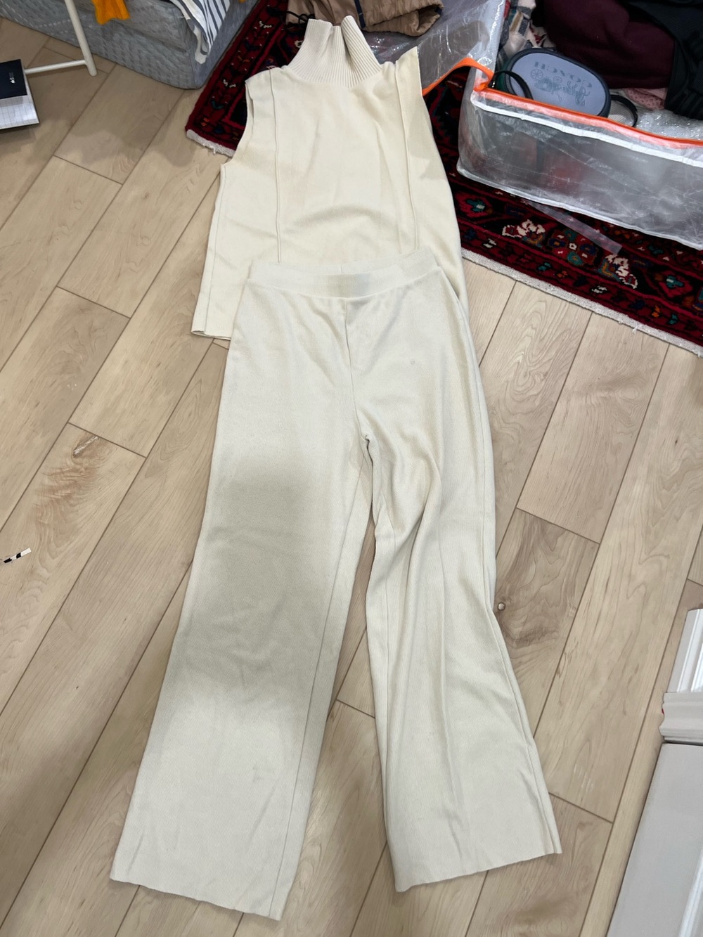 Zara Cream Wide-Leg Knit Pants and Sleeveless Top Set